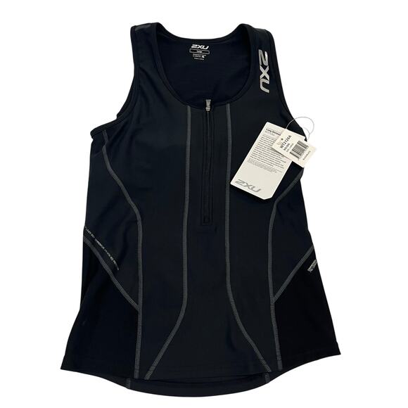 2XU Women's LG Tri Singlet Black Compression 1/2 Zip Athletic Tank Top NWT - Picture 1 of 5